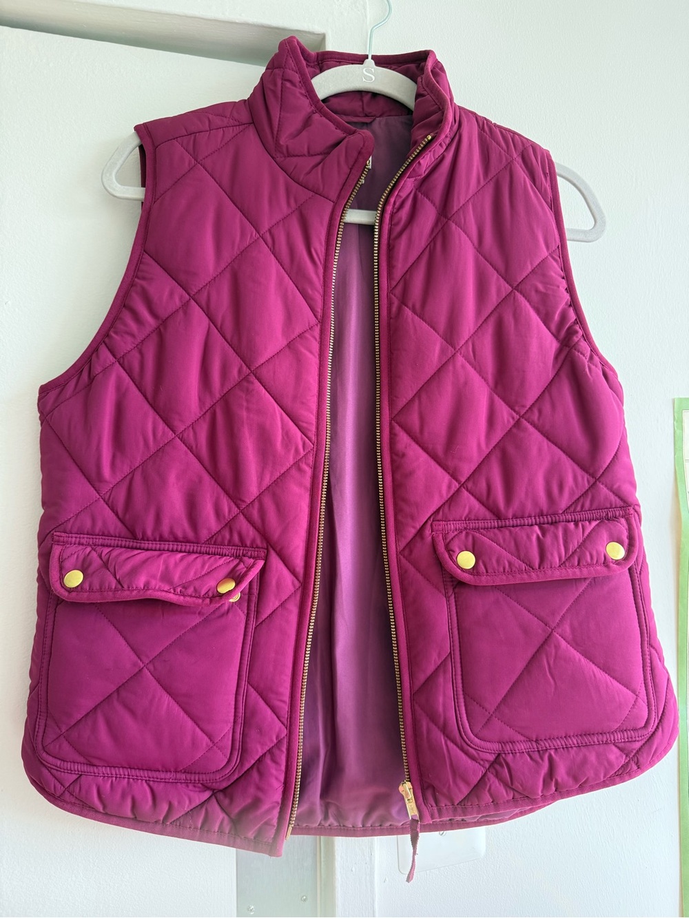 J. Crew Quilted Magenta Puffer Vest with Gold-Tone Snaps